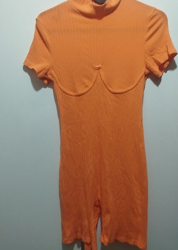 Turuncu Yüksek Yakalı Kısa Kollu Tulum - Görsel 2