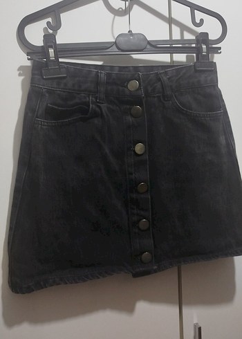 Düğmeli Siyah Denim Mini Etek - Görsel 2