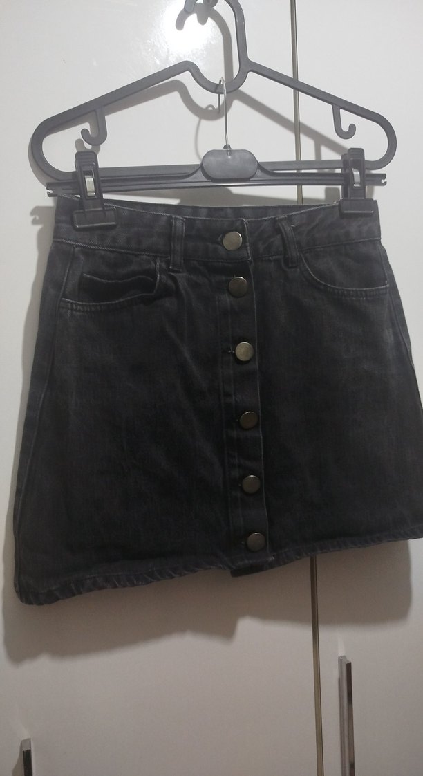 Düğmeli Siyah Denim Mini Etek - Görsel 2