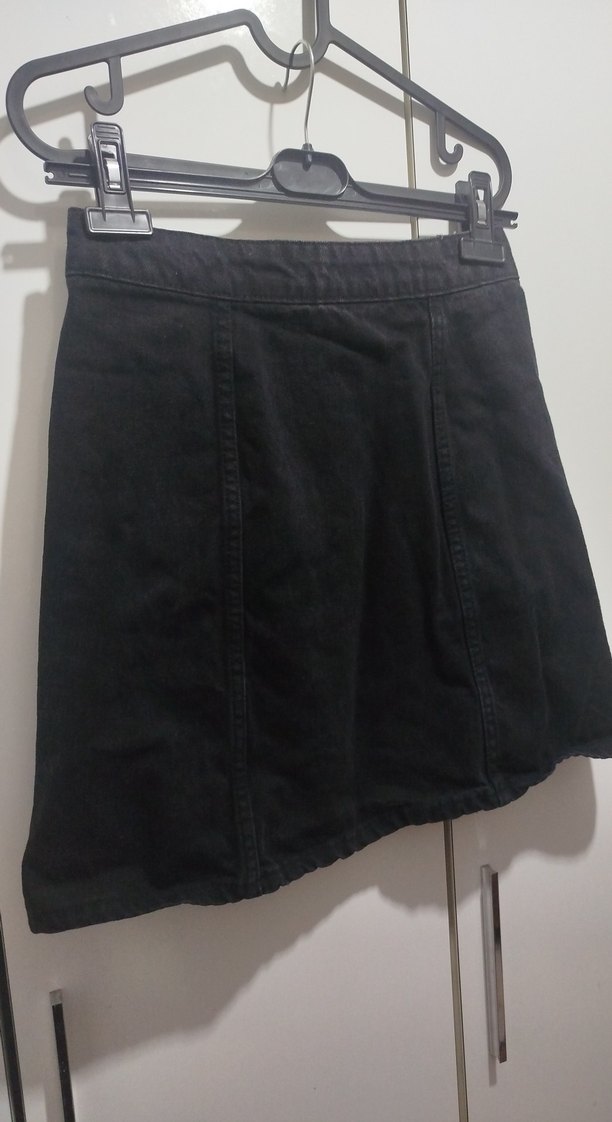 Düğmeli Siyah Denim Midi Etek - Görsel 5