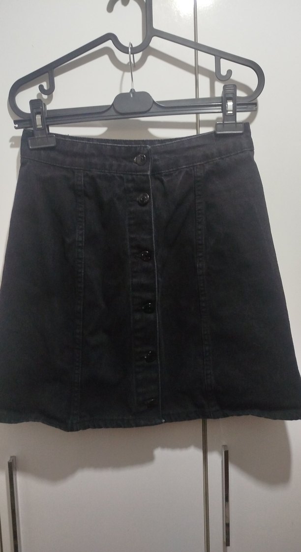 Düğmeli Siyah Denim Midi Etek - Görsel 2