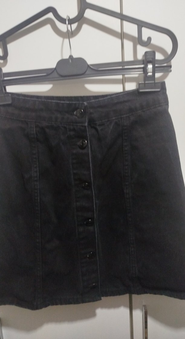 Düğmeli Siyah Denim Midi Etek - Görsel 3