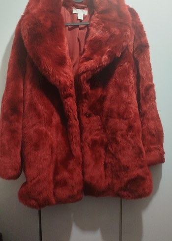 Kırmızı Kadın Suni Kürk Midi Ceket - Görsel 3