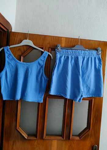 m Beden Mavi Pamuklu Mini Şort Takım