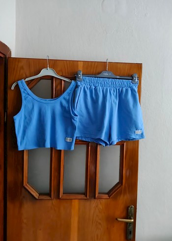 Mavi Pamuklu Mini Şort Takım