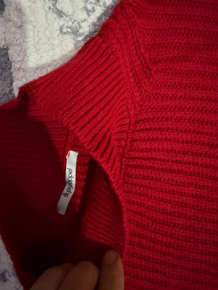 Kırmızı Boğazlı Triko Kadın Kazak tunik kazak - Görsel 5