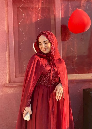 KİRALIK Bordo Uzun Kol Drapeli Tesettür Abiye Elbise