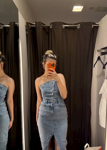Straplez Midi Denim Elbise