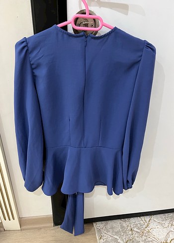 Kemerli Uzun Kollu Mavi Ofis Bluzu - Görsel 6