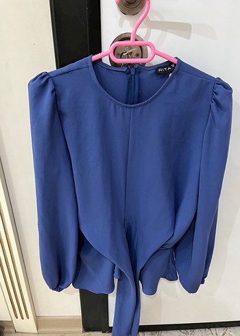 Kemerli Uzun Kollu Mavi Ofis Bluzu - Görsel 4