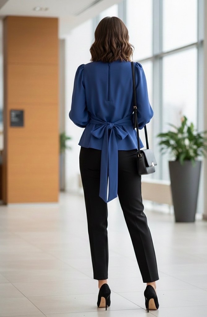 Kemerli Uzun Kollu Mavi Ofis Bluzu - Görsel 3