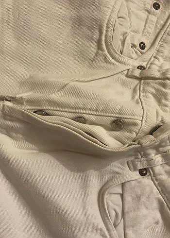 Düğmeli Beyaz Keten Midi Bol Kesim Kadın Jean - Görsel 4