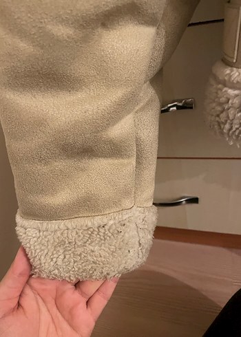 Bej Süet Kadın Mont, Kürklü, Rahat Kesim - Görsel 2