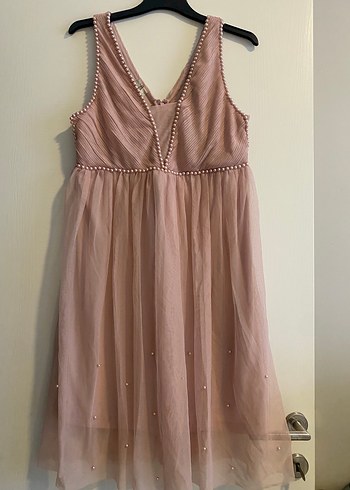 Pudra Pembe Midi Bohem V Yaka Abiye Elbise - Görsel 2