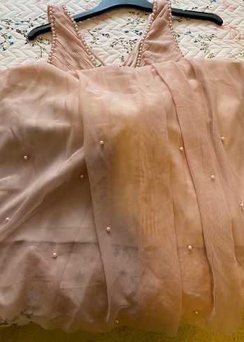 Pudra Pembe Midi Bohem V Yaka Abiye Elbise - Görsel 6