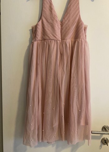 Pudra Pembe Midi Bohem V Yaka Abiye Elbise - Görsel 3