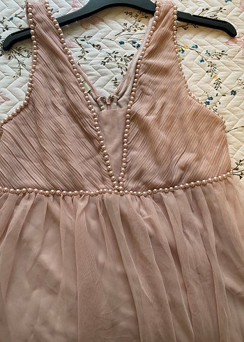 Pudra Pembe Midi Bohem V Yaka Abiye Elbise - Görsel 4