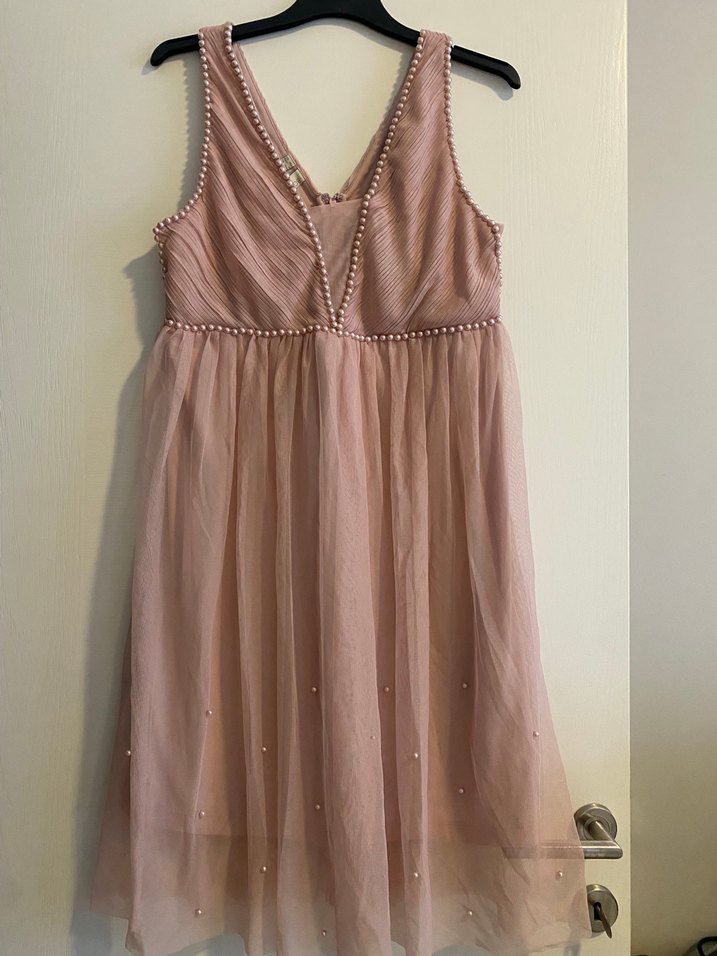 Pudra Pembe Midi Bohem V Yaka Abiye Elbise - Görsel 2