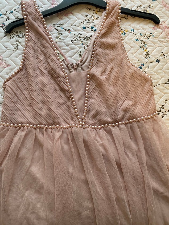 Pudra Pembe Midi Bohem V Yaka Abiye Elbise - Görsel 4