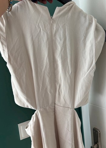 Bej Drapeli Kolsuz Uzun Keten Elbise - Görsel 6