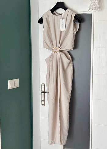 Bej Drapeli Kolsuz Uzun Keten Elbise - Görsel 2
