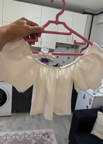 Zara Zara Beyaz Kısa Kollu fitilli Bluz
