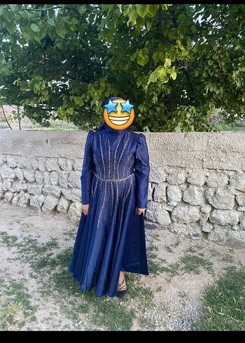 Mavi Uzun Kollu Drapeli Gotik Abiye Elbise