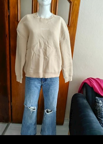 Bej Denim Kadın Sweatshirt, Salaş Kesim, Uzun Kollu