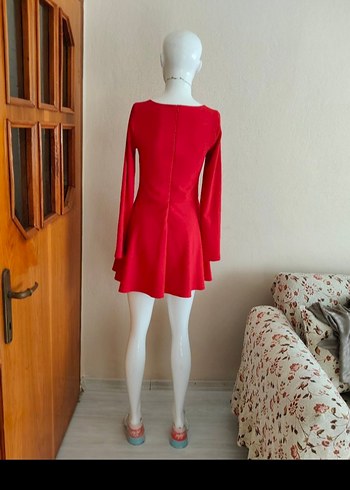 Kırmızı Mini Uzun Kollu Elbise - Görsel 3
