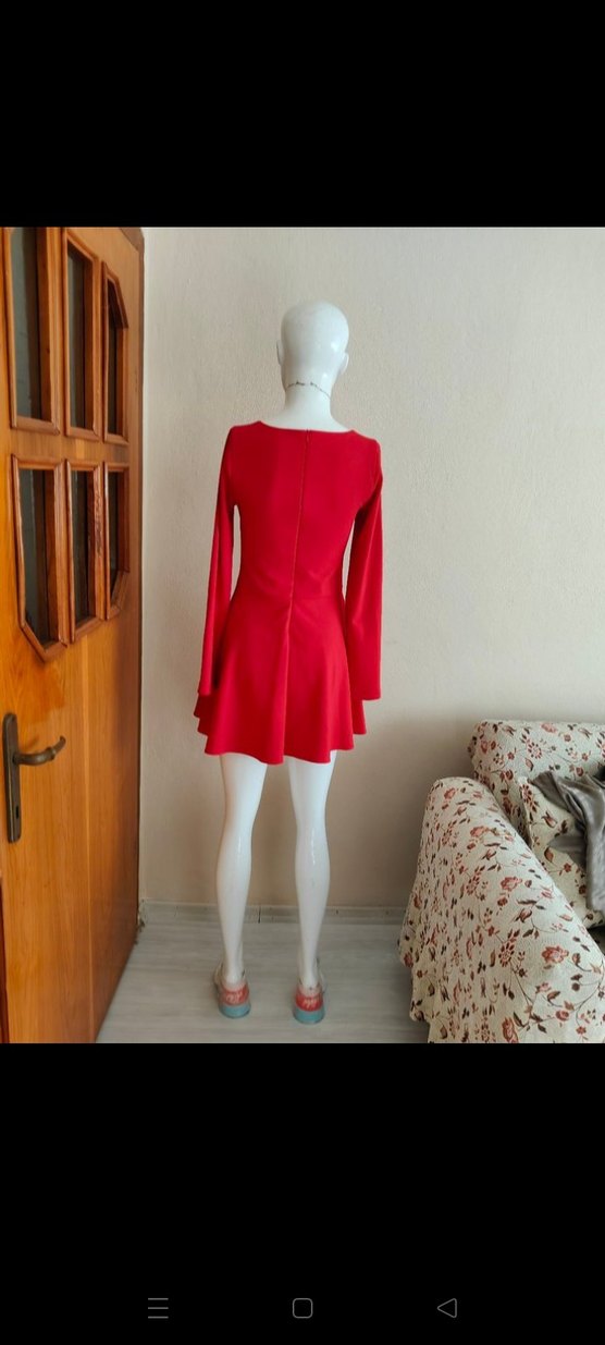 Kırmızı Mini Uzun Kollu Elbise - Görsel 3