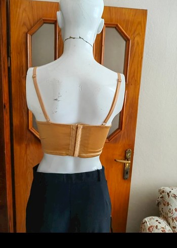 Dantelli Bej Saten Straplez Büstiyer - Görsel 3