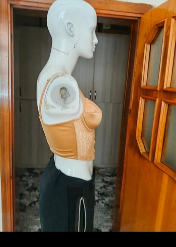 Dantelli Bej Saten Straplez Büstiyer - Görsel 4