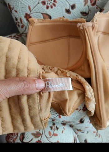 Dantelli Bej Saten Straplez Büstiyer - Görsel 5