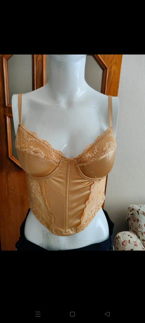 Dantelli Bej Saten Straplez Büstiyer - Görsel 2