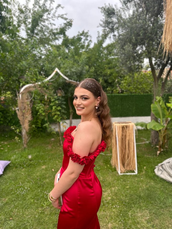 Kırmızı Straplez Uzun Elbise - Görsel 4