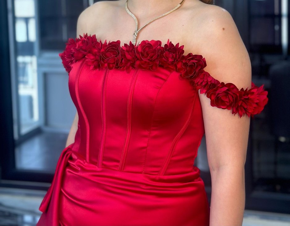 Kırmızı Straplez Uzun Elbise - Görsel 5