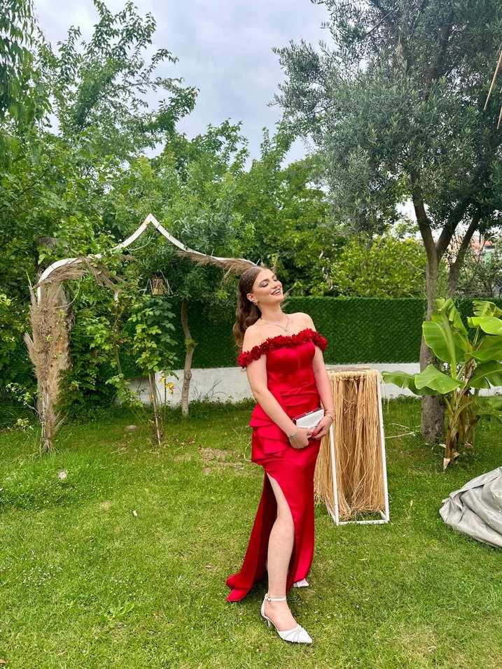 Kırmızı Straplez Uzun Elbise - Görsel 3