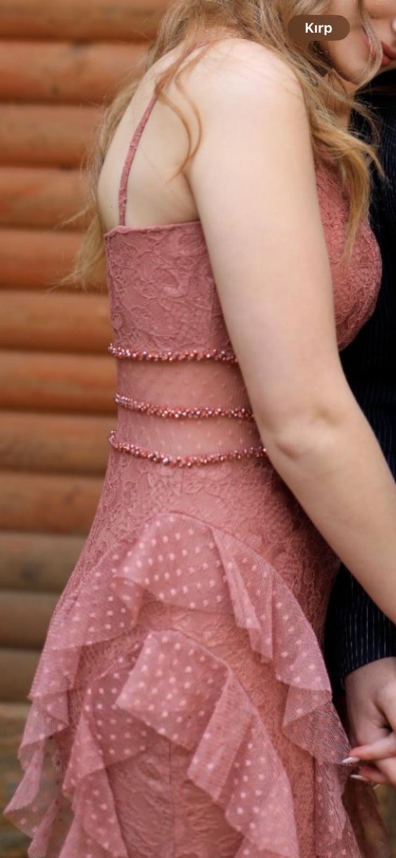 Pudra Renkli Uzun Fırfırlı Abiye Elbise - Görsel 3