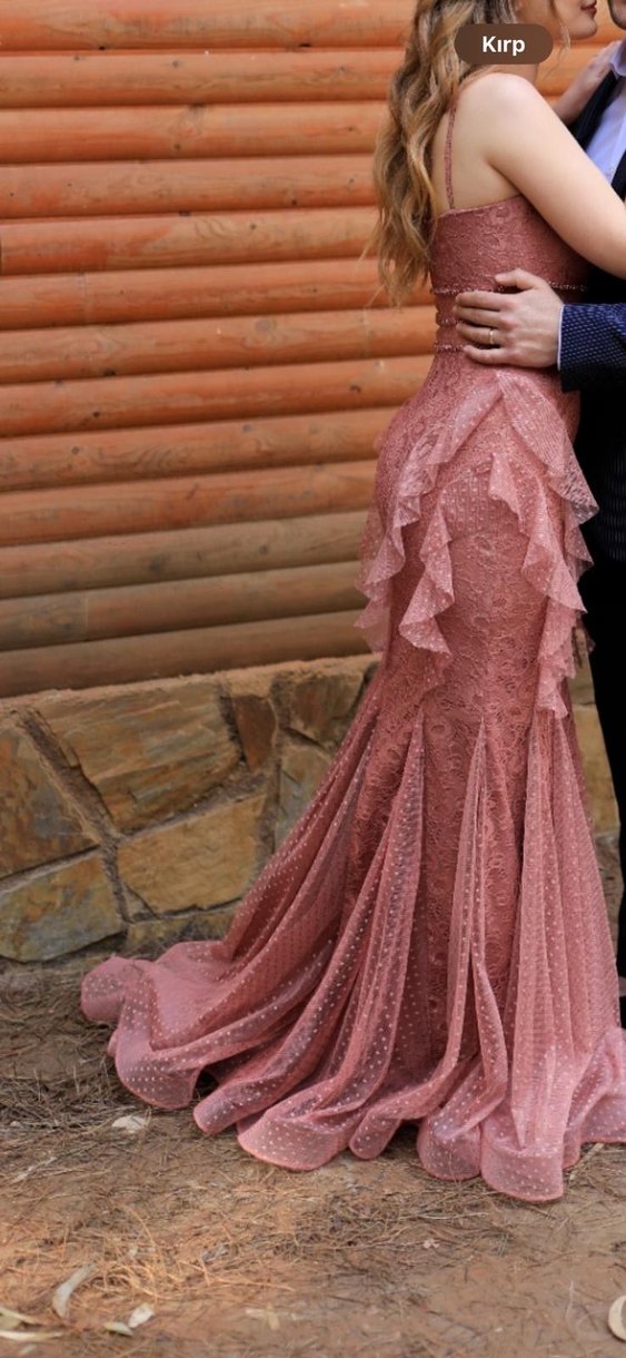 Pudra Renkli Uzun Fırfırlı Abiye Elbise - Görsel 2