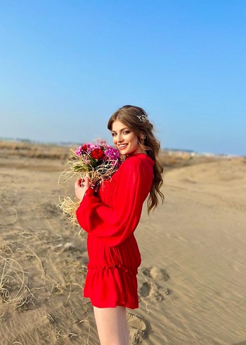 Kırmızı Bohem Mini Elbise - Görsel 3