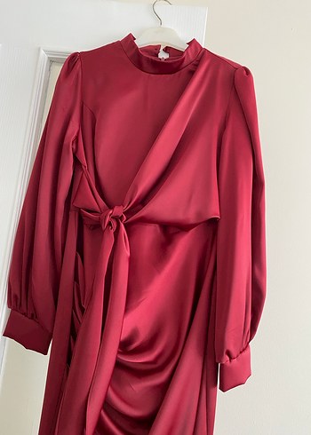 Bordo Uzun Kollu Yüksek Yaka Drapeli Elbise - Görsel 3