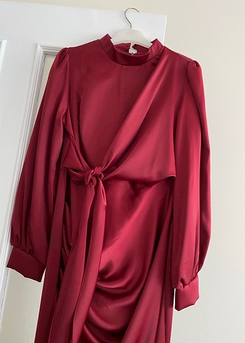 Bordo Uzun Kollu Yüksek Yaka Drapeli Elbise - Görsel 4