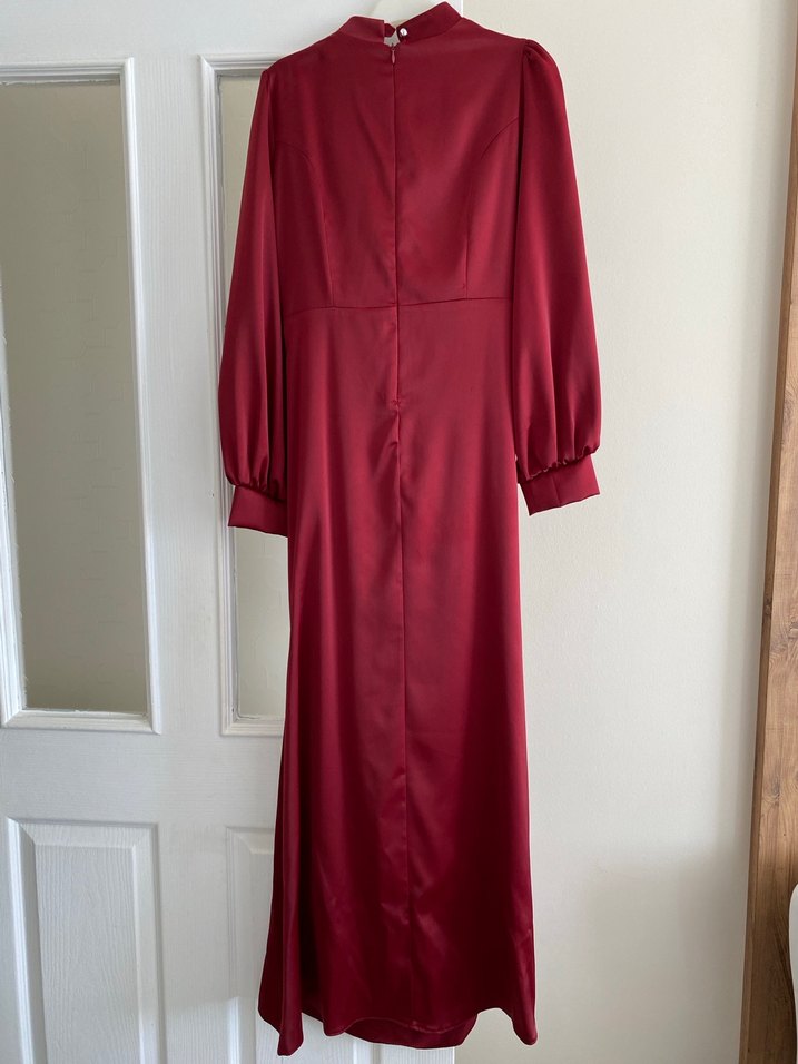 Bordo Uzun Kollu Yüksek Yaka Drapeli Elbise - Görsel 5