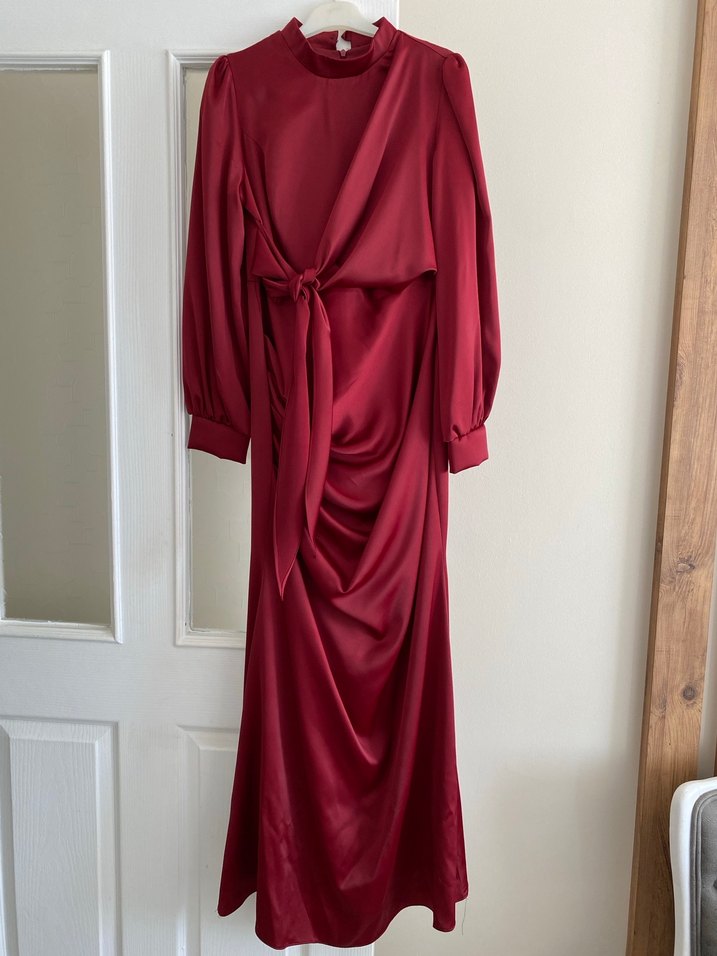 Bordo Uzun Kollu Yüksek Yaka Drapeli Elbise - Görsel 2