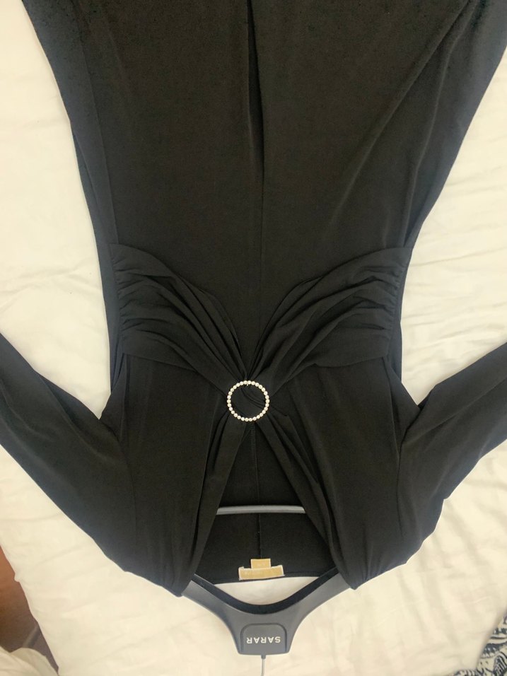 Siyah V Yaka Kemerli Midi Abiye Elbise - Görsel 5