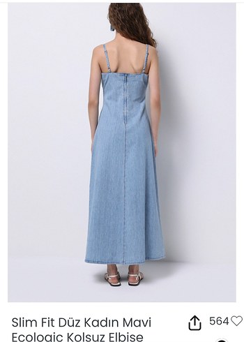 s Beden lacivert Renk Kadın Pastel Mavi Askılı Uzun Denim Elbise
