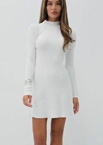 Beyaz Uzun Kollu Triko Kadın Elbise - Görsel 4