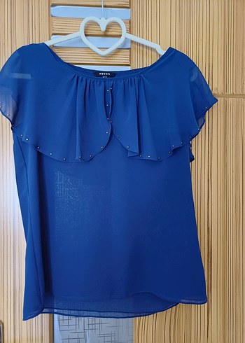 Mavi Mini Kısa Kollu Fırfırlı Bluz
