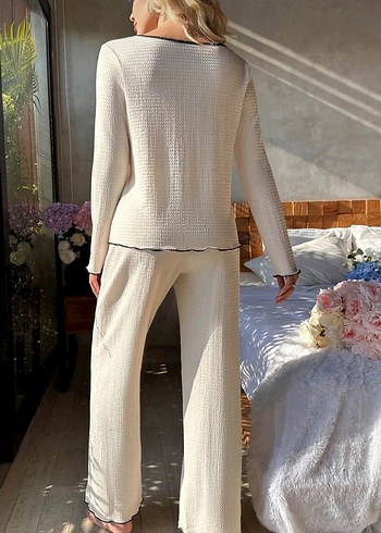 Diğer Bohem Uzun Kollu Beyaz Kadın Pijama Takımı