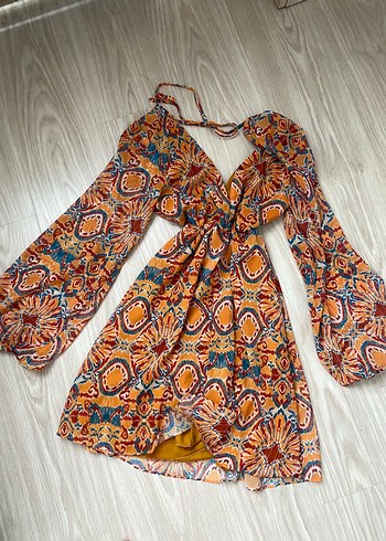 Bohem Çok Renkli Uzun Kollu V Yaka Elbise - Görsel 2